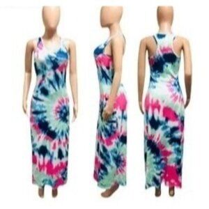 Tie-Dye Maxi Tank Dress L/XL Knit Sleeveless 8861 Vacay Resort Swim Cover